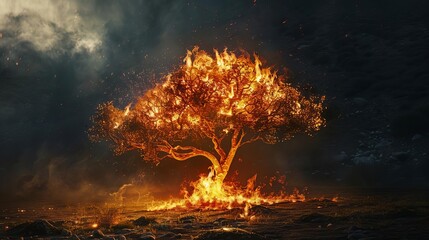 mystical burning bush engulfed in flames biblical symbol of divine presence