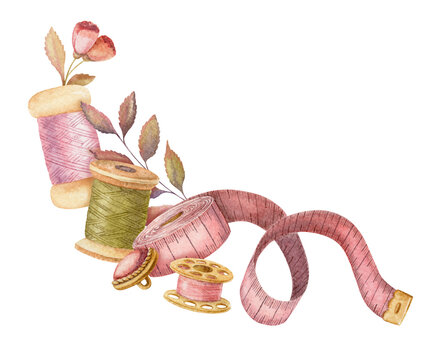 Spool of thread and measuring tape with flowers for tailor&rsquo;s atelier design. Hand drawn watercolor painting of in vintage style. Pink sewing tool of dressmaker illustration. Sewing supplies hobby.