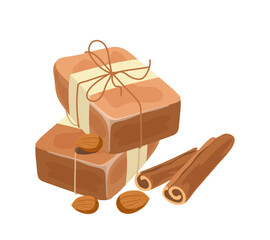 Handmade soap bar with organic almond nuts and natural cinnamon ingredient vector illustration