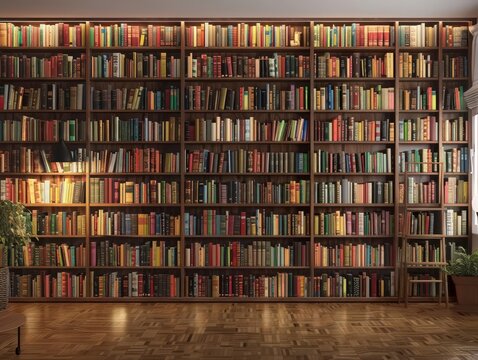 Living room with builtin bookshelves, concept intellectual and stylish, close up, library theme, realistic, Fusion, books backdrop