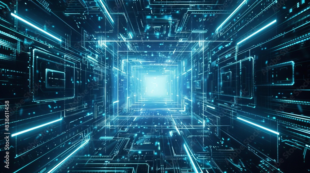 Poster neon square portal futuristic glowing cyan frame ai generated image