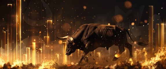 The golden bull in front of stock market graph with dark background.