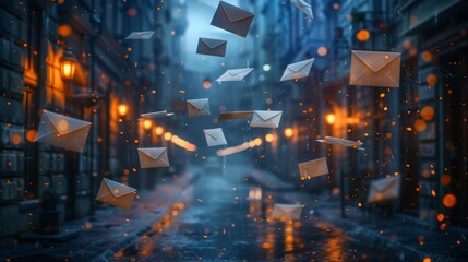 Envelopes mysteriously levitate in the air on a wet cobbled street under evening city lights