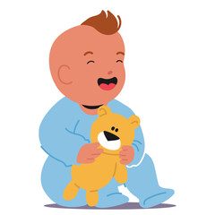 Adorable Baby Boy Sitting And Laughing Joyfully, Clutching A Cute Teddy Bear. He Is Dressed In A Cozy Blue Onesie