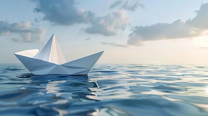 origami odyssey paper ship sailing on minimalist sea 3d rendering