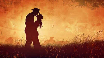 Fototapeta premium passionate wild west couple kissing at sunset vintage retro noir romance on farm digital painting