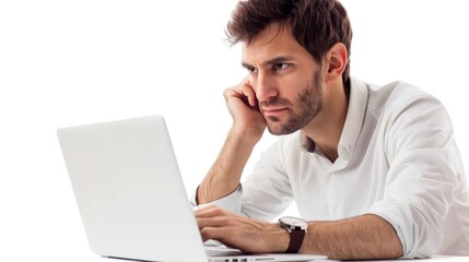 pensive man lost in thought while working on laptop isolated on white background studio shot