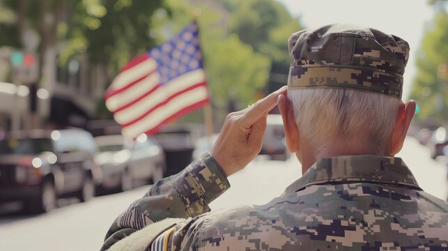 patriotic veterans tribute saluting the flag memorial day parade blurred background honoring service and sacrifice