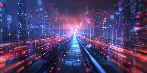 Fototapeta premium The digital pathways glow with neon brilliance, offering a futuristic perspective of a city with vibrant, energetic lighting.