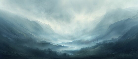 Obraz premium Fog swirls, painting the world in mystic hues, panoramic view of a foggy valley with rolling hills, ethereal and calm atmosphere with soft diffused light, creating a tranquil scene.