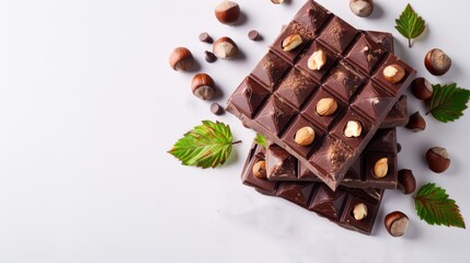 Chocolate Bars with Almonds on White Background with Copy Space