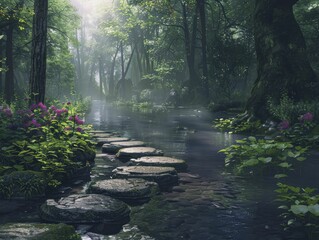 Obraz premium Mystical stones bridge tranquil streams, wide view of stepping stones in a tranquil forest stream, magical and serene with soft natural lighting.