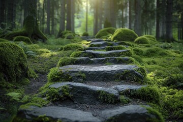 Fototapeta premium Pathways of mossy stones in enchanted forests, close-up view of moss-covered stones on a forest path, natural and serene with dappled sunlight and rich textures