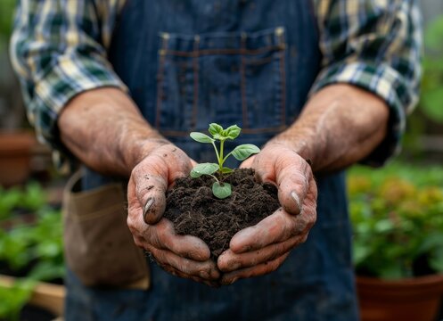 Close up of hands holding a small plant in soil at a garden, a man farmer working with a seedling on a farm background.