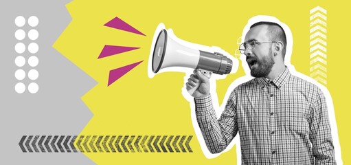Hand hold megaphone scream on colored background