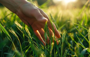 Closeup of a young man's hand gently touching green grass and healthy wheat plants in a field under sunlight.