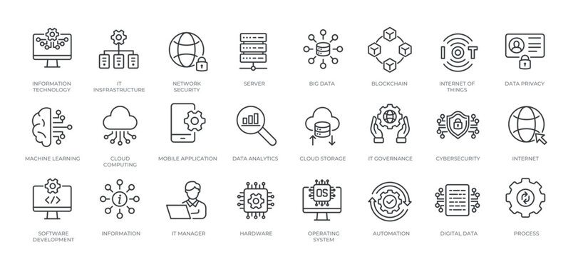 Information technology minimal thin line icons. Related technology, artificial intelligence, network, digital, data. Editable stroke. Vector illustration.