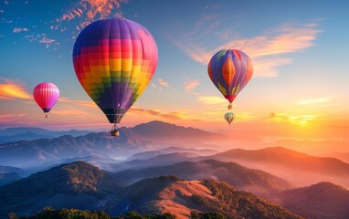 Colorful hot air balloons floating over mountains at sunrise. A wide view of the beautiful landscape with flying balloons, colorful rocks and misty valley