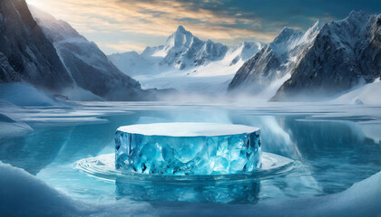 Empty crystal ice product display podium on blue glacier backdrop