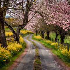 Charming country lane lined with blooming cherry trees and fields of yellow turnips