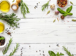 Culinary background with herbs and spices on a white wooden table in a flat lay top view with space for text.
