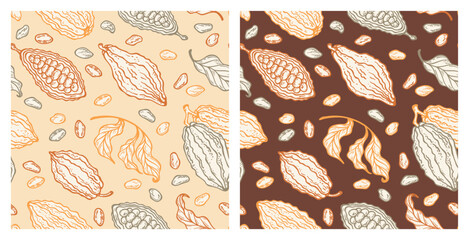 Set of Two Seamless Floral Patterns with Cacao Pods. Cocoa Beans and Leaves. Tropical Fruits. Great for Packaging design of milk and dark bitter Chocolate or cocoa powder. Hand drawn.