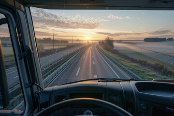 View from the drivers seat of a truck at Sunset