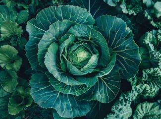 Obraz premium Green cabbage growing in the vegetable garden background, realistic photo shoot, high resolution photography