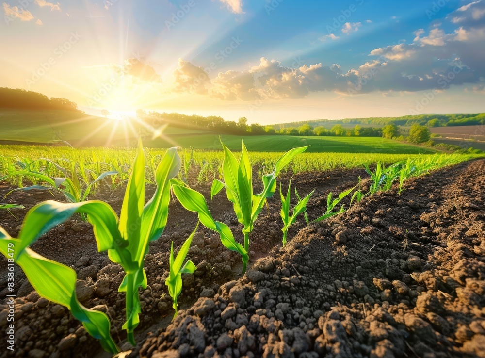 Wall mural green corn field with a beautiful blue sky at sunset. green grass in the farmland.