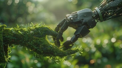 Mechanical hand of robot touches another green robot hand in grass close-up on blurred background. Unity in Nature-inspired Robotics concept