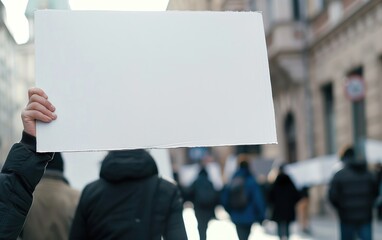 Person holding up a blank white sign in a protest. Outdoor close-up with copy space. Social activism and demonstration concept for banner and poster.