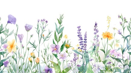 wild medicinal meadow flowers and grass on white background, horizontal pattern, watercolor painting, realistic illustration