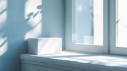 Fototapeta premium A Minimalist White Box on the Windowsill, with Soft Sunlight Streaming in from Outside through the Window, Casting Gentle Shadows across its Surface.