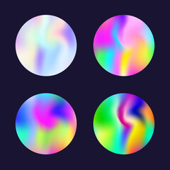 Hologram abstract backgrounds set. Holographic gradient. Rainbow hologram backdrop. Minimalistic 90s, 80s retro style graphic template for placard, presentation, banner, brochure.