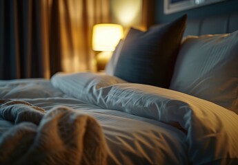 Close-Up of a Hotel Room with a Bed Featuring Pillows and Sheets, in a Modern Interior Design Style, during Evening Time, with Warm Lighting, and a Blurred Background, 