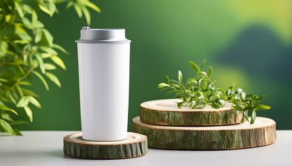 Closeup of a white color Straight Skinny Tumbler includes lid on a podium with green background, product mockup