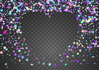 Carnival Glitter. Blue Happy Paper. Transparent Background. Falling Banner. 3d Texture. Digital Design. Holographic Effect. Disco Isolated Explosion. Purple Carnival Glitter