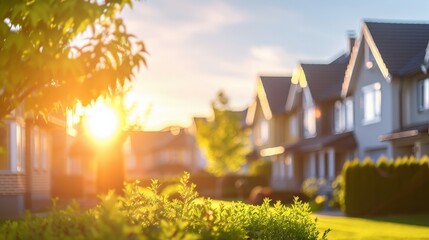 Sun Setting Over Suburban Neighborhood Houses and Lush Green Grass