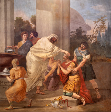PERUGIA, ITALY - MAY 16, 2024: The fresco of St. Peter baptising of centurion Cornelius in the church Cattedrale di San Lorenzo (St. Lawrece cathedral) by Marcello Leonardi (1795).