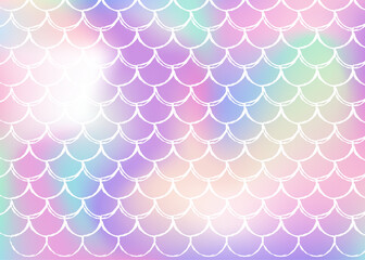 Mermaid scales background with holographic gradient. Bright color transitions. Fish tail banner and invitation. Underwater and sea pattern for girlie party. Multicolor backdrop with mermaid scales.
