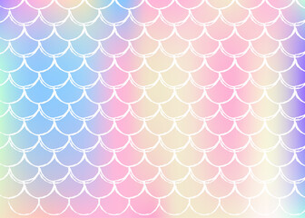 Holographic scale background with gradient mermaid. Bright color transitions. Fish tail banner and invitation. Underwater and sea pattern for girlie party. Futuristic backdrop with holographic scale.