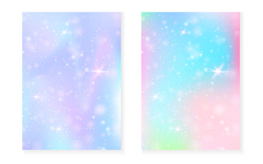 Magic background with princess rainbow gradient. Kawaii unicorn hologram. Holographic fairy set. Colorful fantasy cover. Magic background with sparkles and stars for cute girl party invitation.