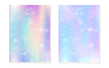 Unicorn background with kawaii magic gradient. Princess rainbow hologram. Holographic fairy set. Bright fantasy cover. Unicorn background with sparkles and stars for cute girl party invitation.