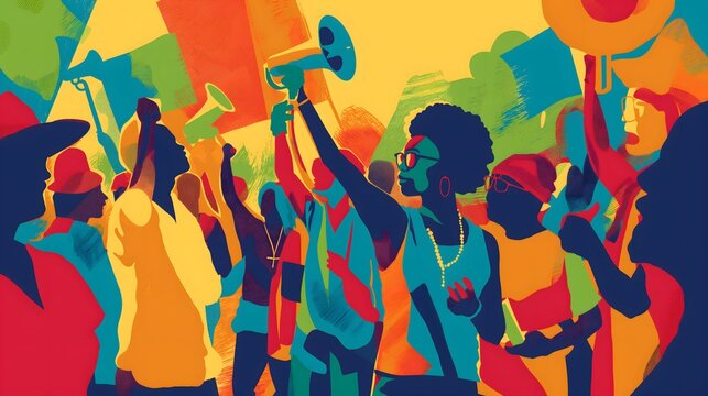 9. Envision an empowering illustration of Juneteenth commemorations, with images of activism, advocacy, and social justice movements that strive to uphold the principles of freedom, equality, and