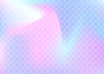 Holographic scale background with gradient mermaid. Bright color transitions. Fish tail banner and invitation. Underwater and sea pattern for girlie party. Stylish backdrop with holographic scale.