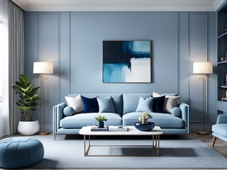 Modern Living Room with Gray and Navy Blue Accents - Light Gray Wall and Pastel Blue Sofa

