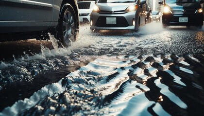 冠水した道路を走る自動車