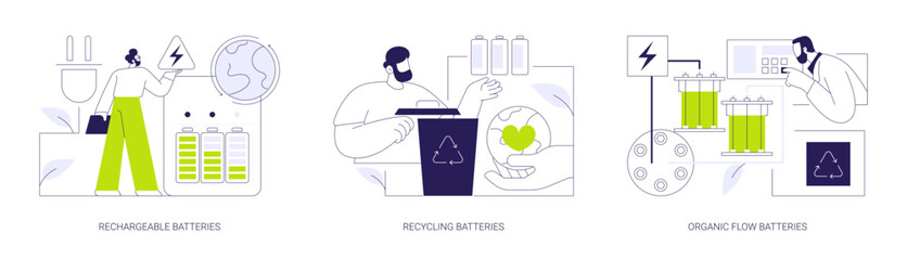 Sustainable batteries abstract concept vector illustrations.