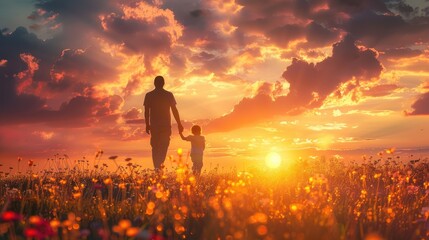 Fototapeta premium Handsome man and his son walking in the field of flowers at sunset, holding hands. Beautiful landscape with clouds. Concept father's day