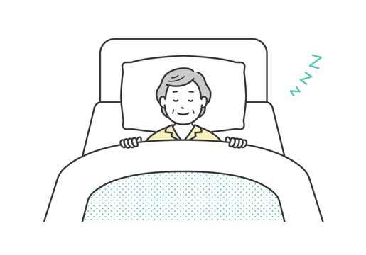 recommend clip art: ベッドで笑顔で熟睡するパジャマ姿の高齢女性のイラスト